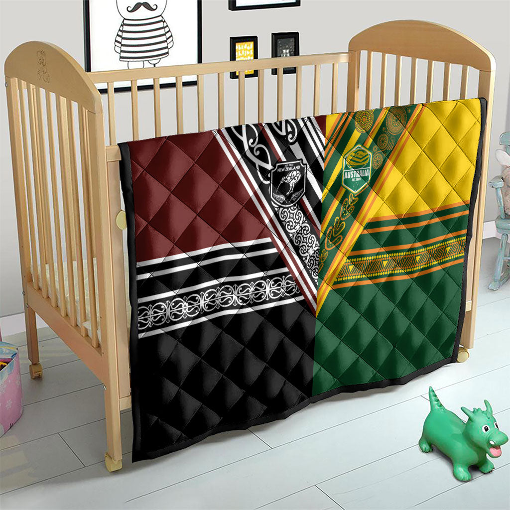 Rugby New Zealand and Australia Quilt Burgundy Koru Geometric with Aboriginal Chevron Sport Style