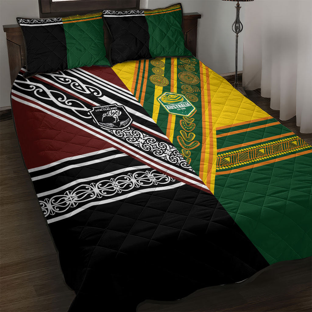 Rugby New Zealand and Australia Quilt Bed Set Burgundy Koru Geometric with Aboriginal Chevron Sport Style
