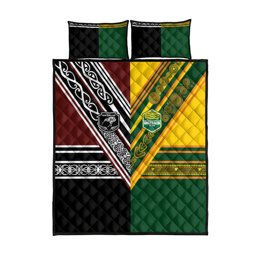 Rugby New Zealand and Australia Quilt Bed Set Burgundy Koru Geometric with Aboriginal Chevron Sport Style