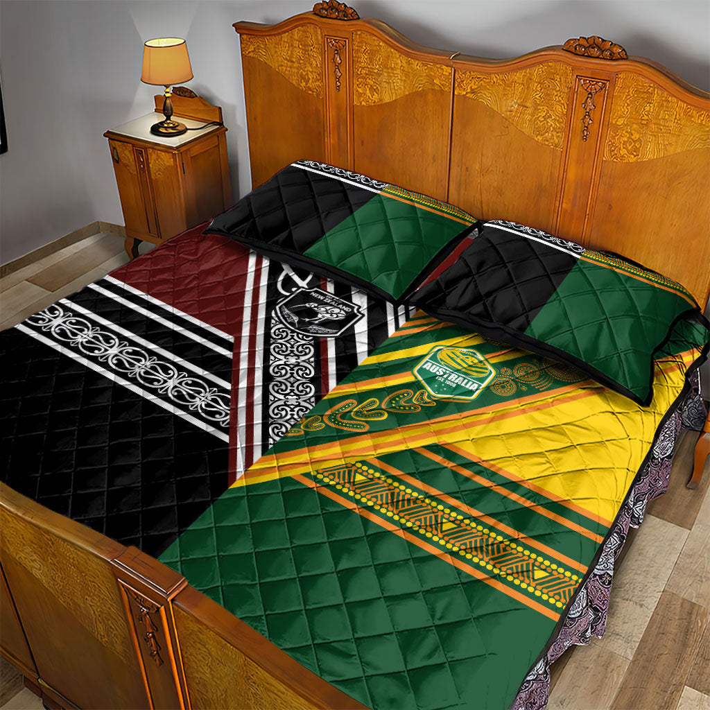 Rugby New Zealand and Australia Quilt Bed Set Burgundy Koru Geometric with Aboriginal Chevron Sport Style