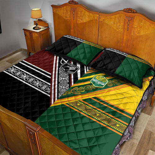 Rugby New Zealand and Australia Quilt Bed Set Burgundy Koru Geometric with Aboriginal Chevron Sport Style