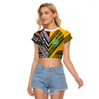 Custom Rugby New Zealand and Australia Raglan Cropped T Shirt Burgundy Koru Geometric with Aboriginal Chevron Sport Style