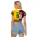 Custom Rugby New Zealand and Australia Raglan Cropped T Shirt Burgundy Koru Geometric with Aboriginal Chevron Sport Style