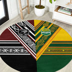 Rugby New Zealand and Australia Round Carpet Burgundy Koru Geometric with Aboriginal Chevron Sport Style