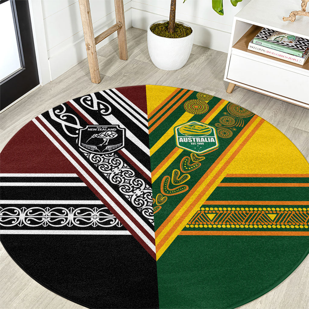 Rugby New Zealand and Australia Round Carpet Burgundy Koru Geometric with Aboriginal Chevron Sport Style