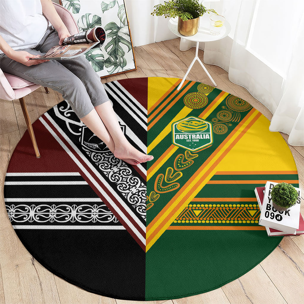 Rugby New Zealand and Australia Round Carpet Burgundy Koru Geometric with Aboriginal Chevron Sport Style