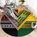 Rugby New Zealand and Australia Round Carpet Burgundy Koru Geometric with Aboriginal Chevron Sport Style