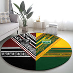 Rugby New Zealand and Australia Round Carpet Burgundy Koru Geometric with Aboriginal Chevron Sport Style