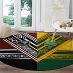 Rugby New Zealand and Australia Round Carpet Burgundy Koru Geometric with Aboriginal Chevron Sport Style