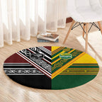 Rugby New Zealand and Australia Round Carpet Burgundy Koru Geometric with Aboriginal Chevron Sport Style