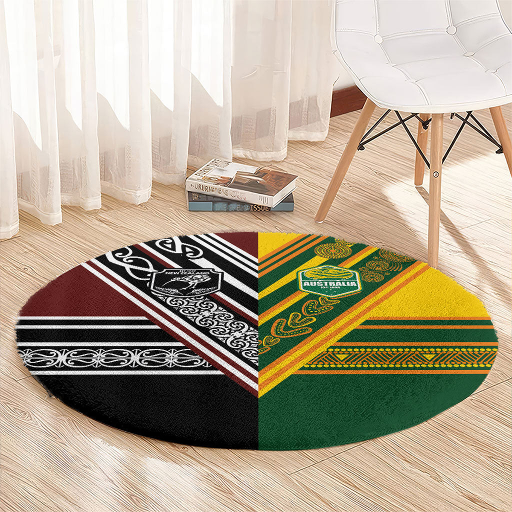 Rugby New Zealand and Australia Round Carpet Burgundy Koru Geometric with Aboriginal Chevron Sport Style