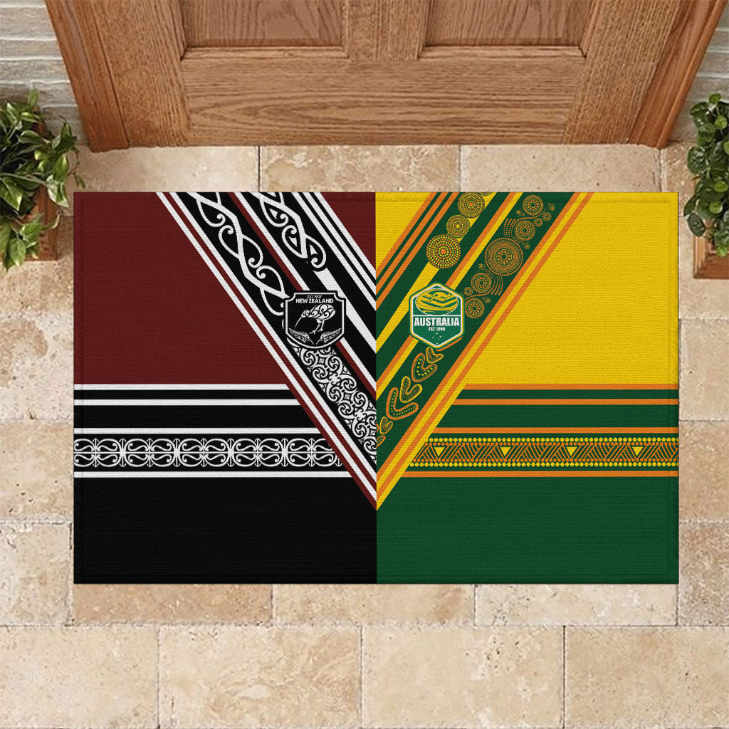 Rugby New Zealand and Australia Rubber Doormat Burgundy Koru Geometric with Aboriginal Chevron Sport Style