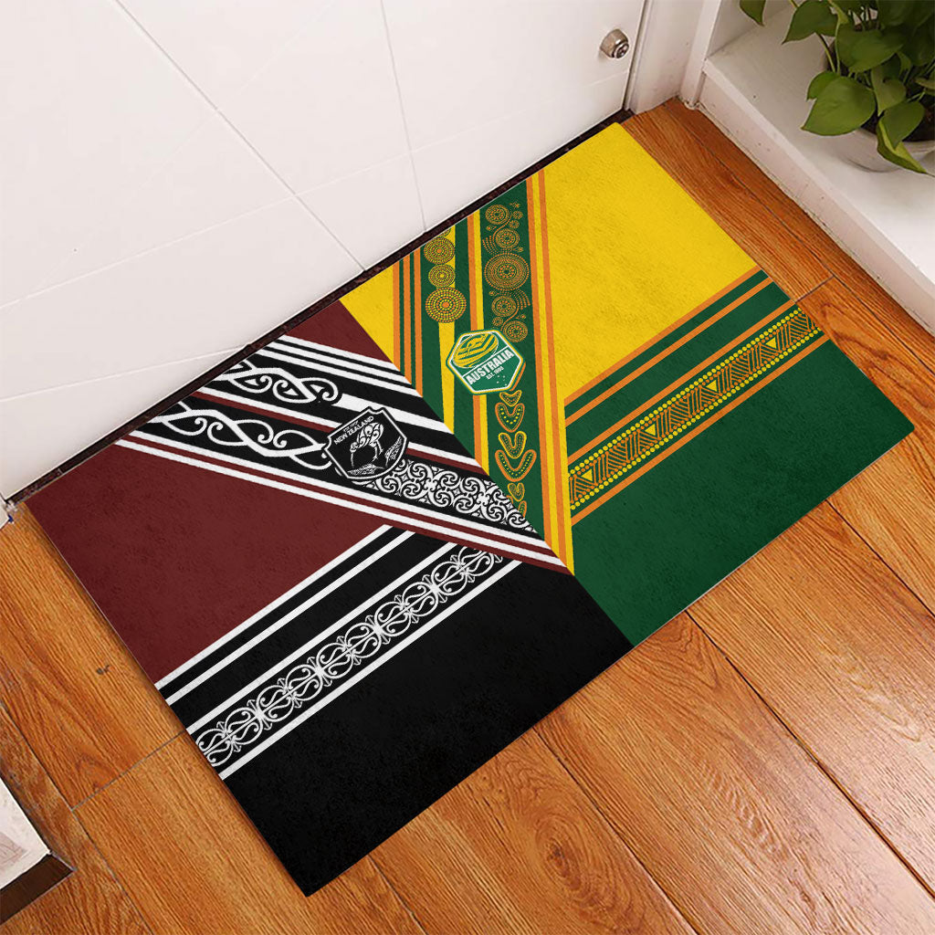 Rugby New Zealand and Australia Rubber Doormat Burgundy Koru Geometric with Aboriginal Chevron Sport Style