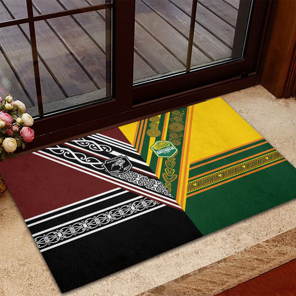 Rugby New Zealand and Australia Rubber Doormat Burgundy Koru Geometric with Aboriginal Chevron Sport Style