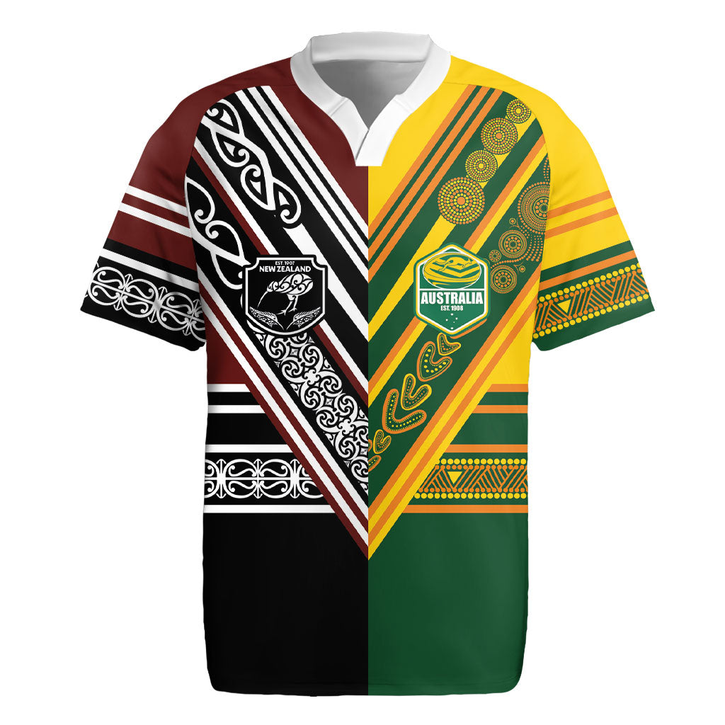 Custom Rugby New Zealand and Australia Rugby Jersey Burgundy Koru Geometric with Aboriginal Chevron Sport Style
