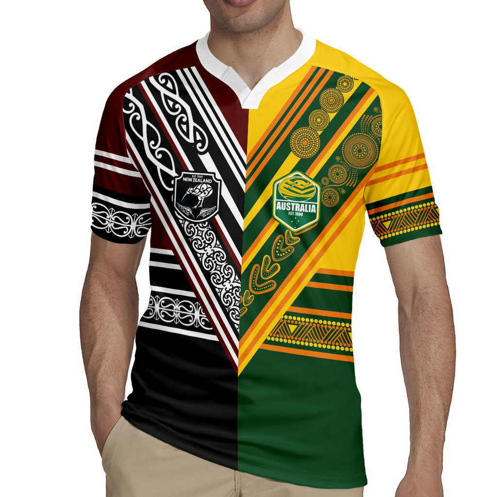 Custom Rugby New Zealand and Australia Rugby Jersey Burgundy Koru Geometric with Aboriginal Chevron Sport Style