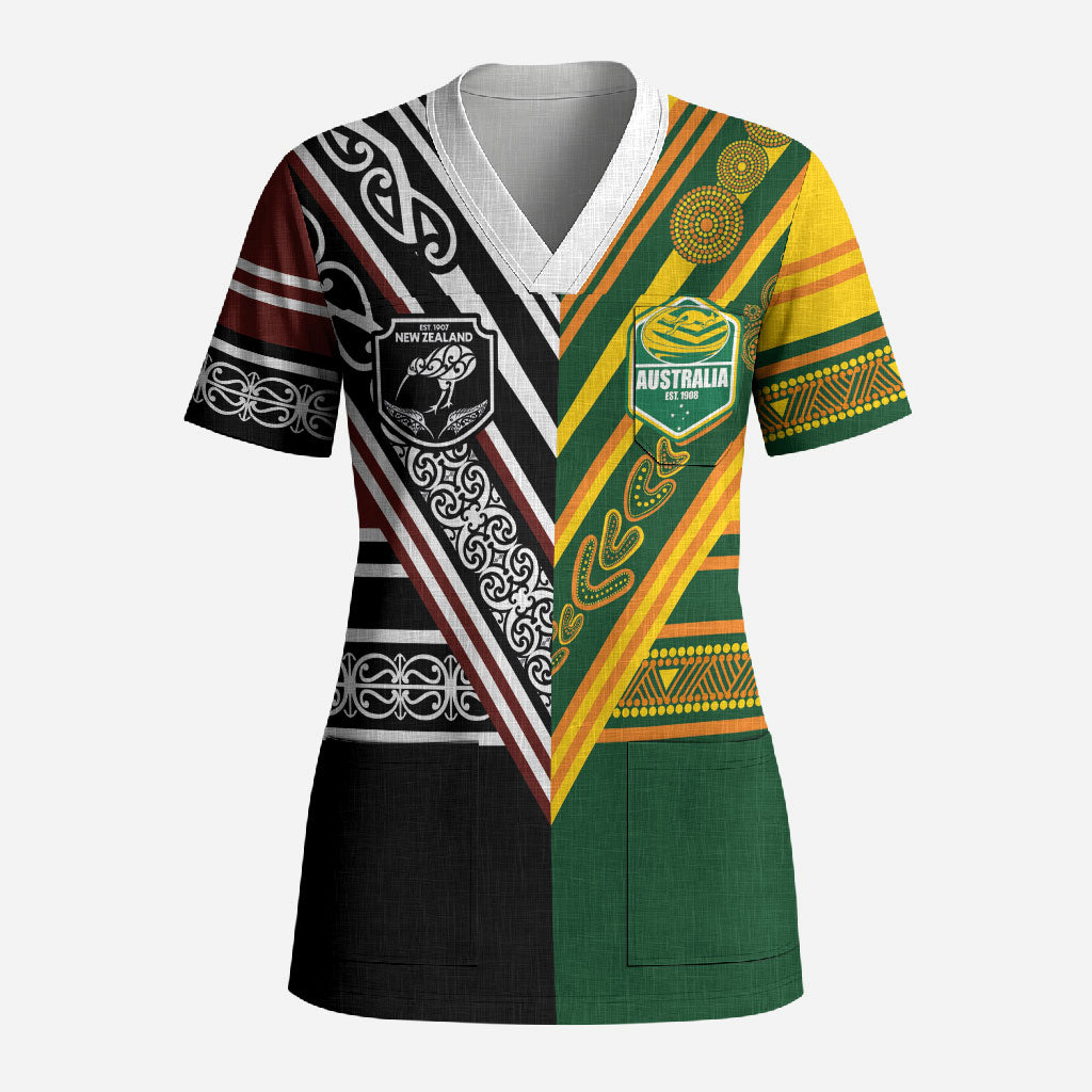 Custom Rugby New Zealand and Australia Scrub Top Burgundy Koru Geometric with Aboriginal Chevron Sport Style