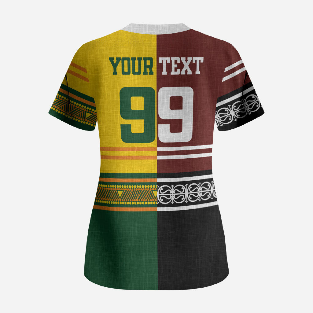 Custom Rugby New Zealand and Australia Scrub Top Burgundy Koru Geometric with Aboriginal Chevron Sport Style