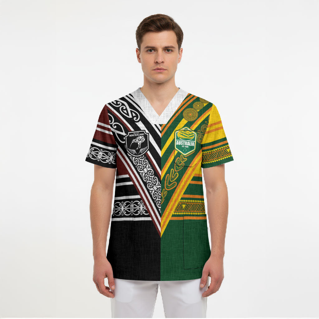 Custom Rugby New Zealand and Australia Scrub Top Burgundy Koru Geometric with Aboriginal Chevron Sport Style
