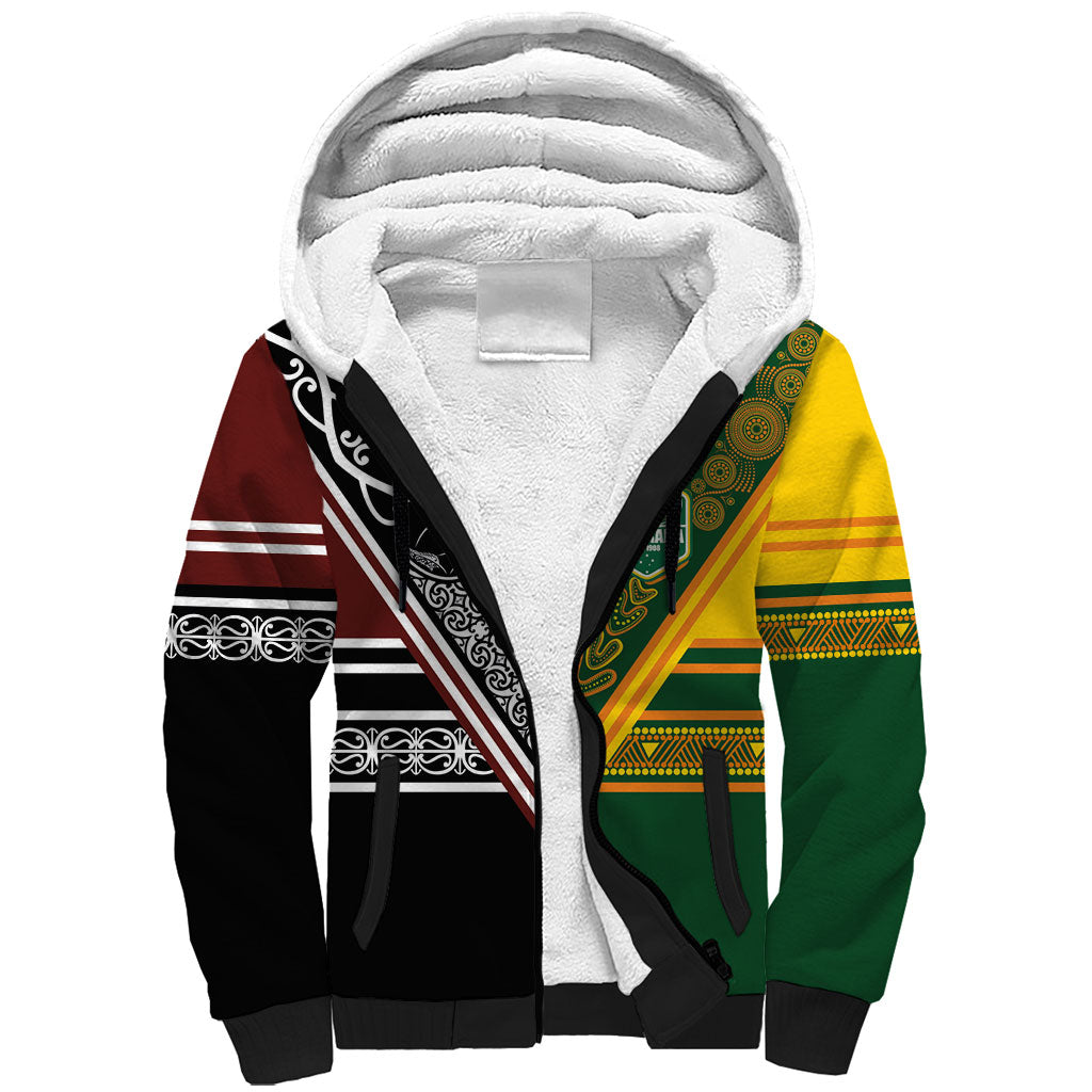 Custom Rugby New Zealand and Australia Sherpa Hoodie Burgundy Koru Geometric with Aboriginal Chevron Sport Style