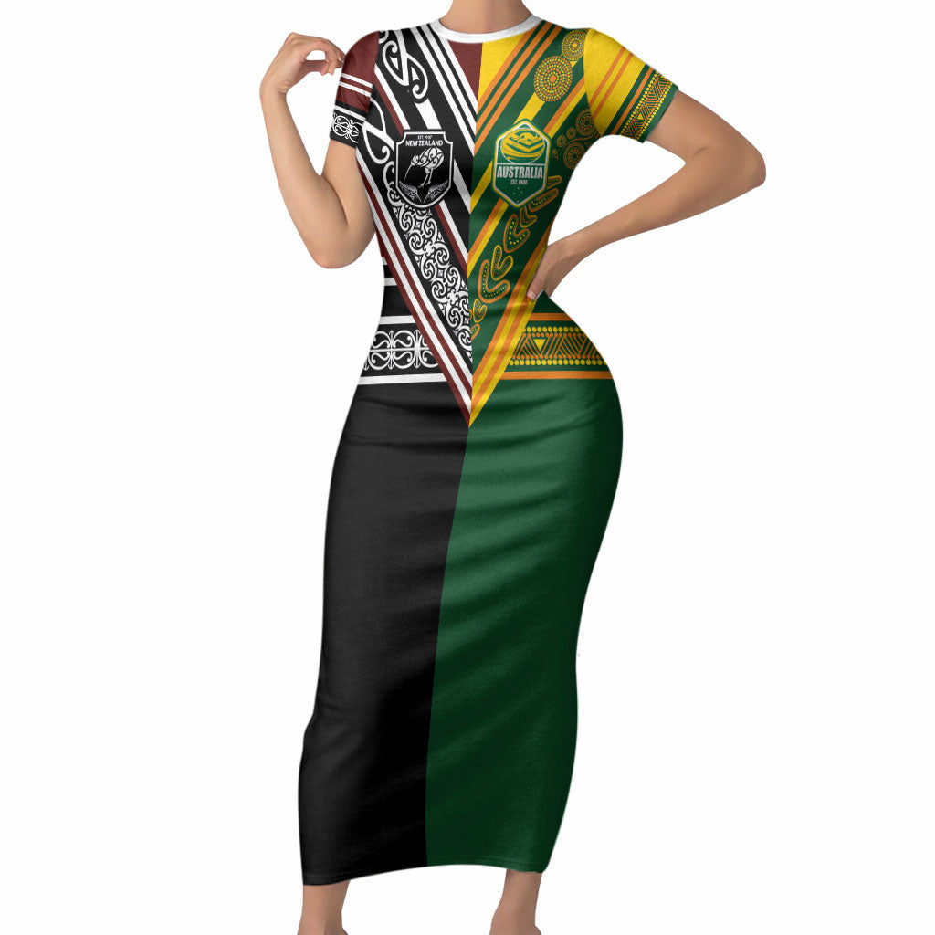 Custom Rugby New Zealand and Australia Short Sleeve Bodycon Dress Burgundy Koru Geometric with Aboriginal Chevron Sport Style