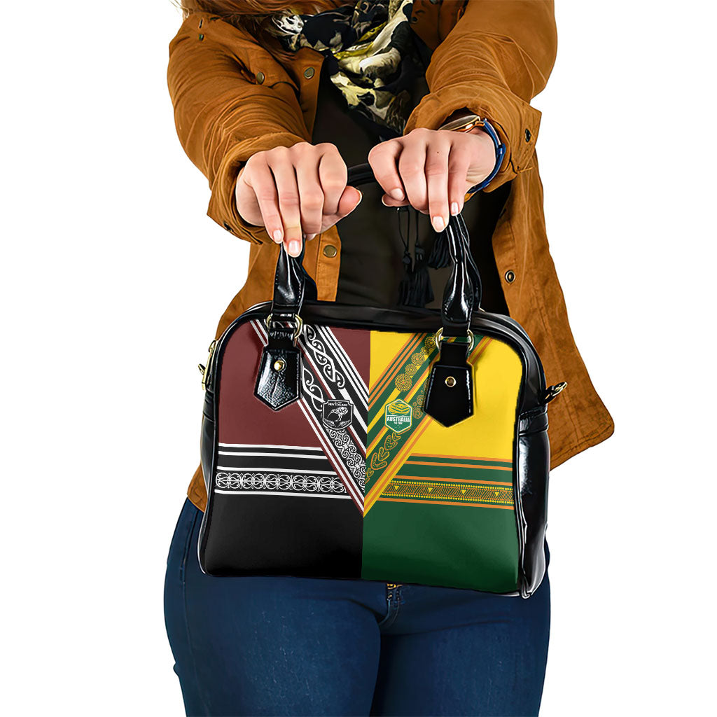 Rugby New Zealand and Australia Shoulder Handbag Burgundy Koru Geometric with Aboriginal Chevron Sport Style