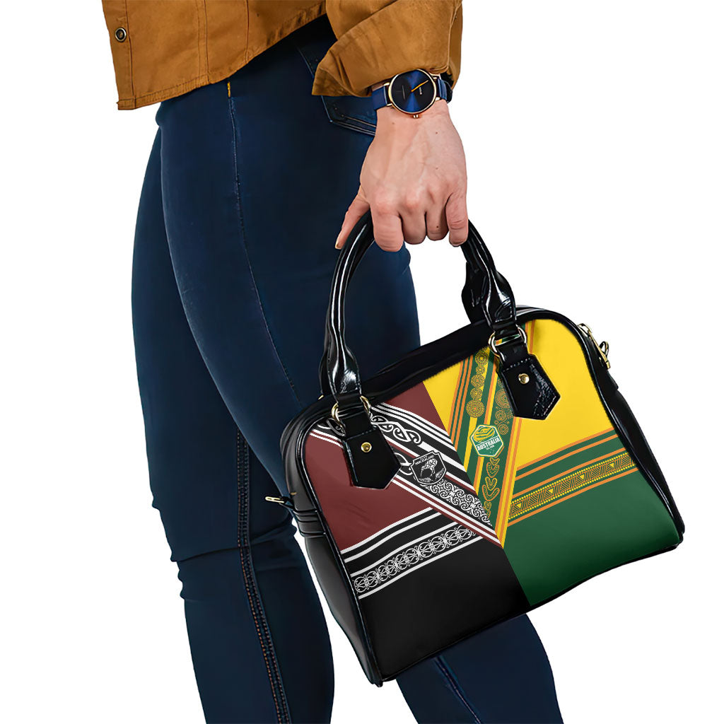 Rugby New Zealand and Australia Shoulder Handbag Burgundy Koru Geometric with Aboriginal Chevron Sport Style
