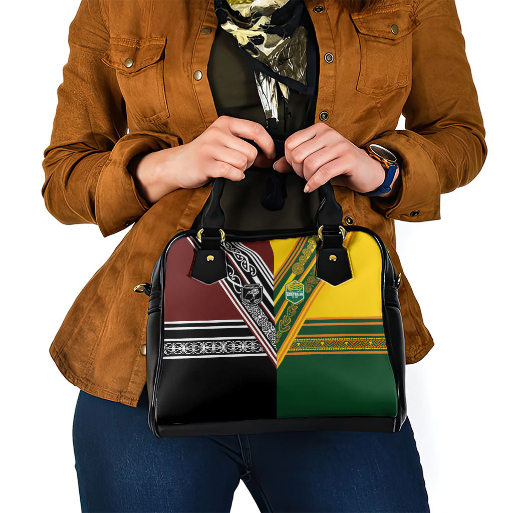 Rugby New Zealand and Australia Shoulder Handbag Burgundy Koru Geometric with Aboriginal Chevron Sport Style