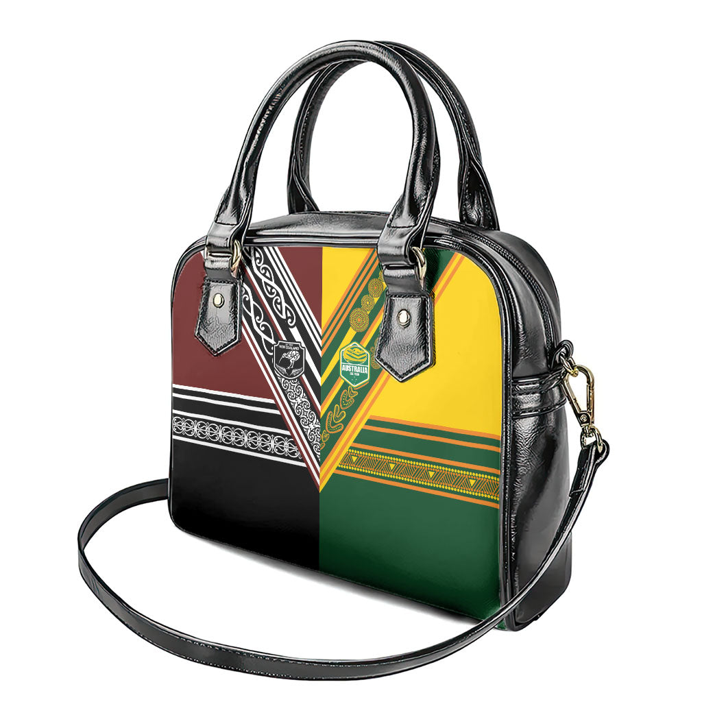 Rugby New Zealand and Australia Shoulder Handbag Burgundy Koru Geometric with Aboriginal Chevron Sport Style