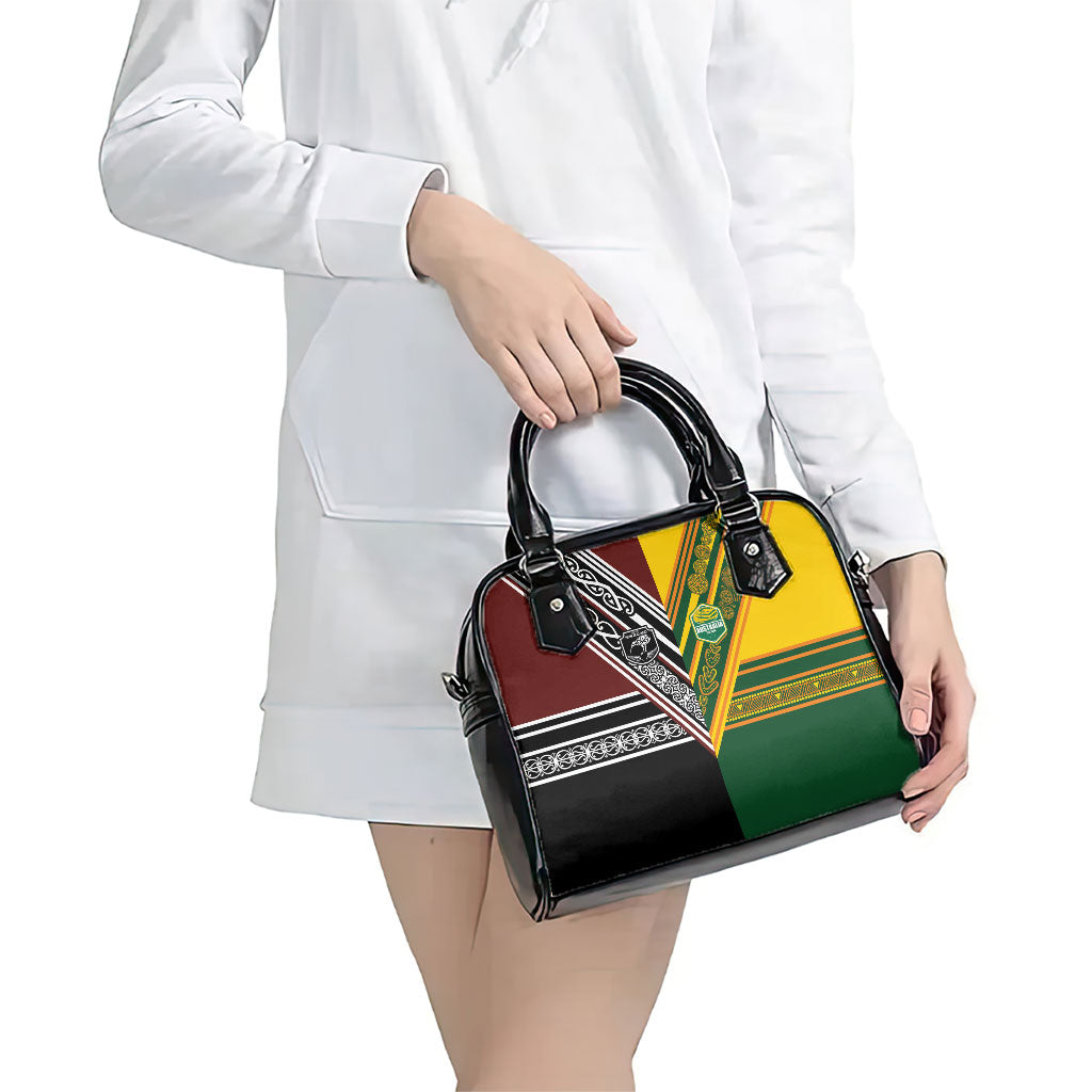 Rugby New Zealand and Australia Shoulder Handbag Burgundy Koru Geometric with Aboriginal Chevron Sport Style