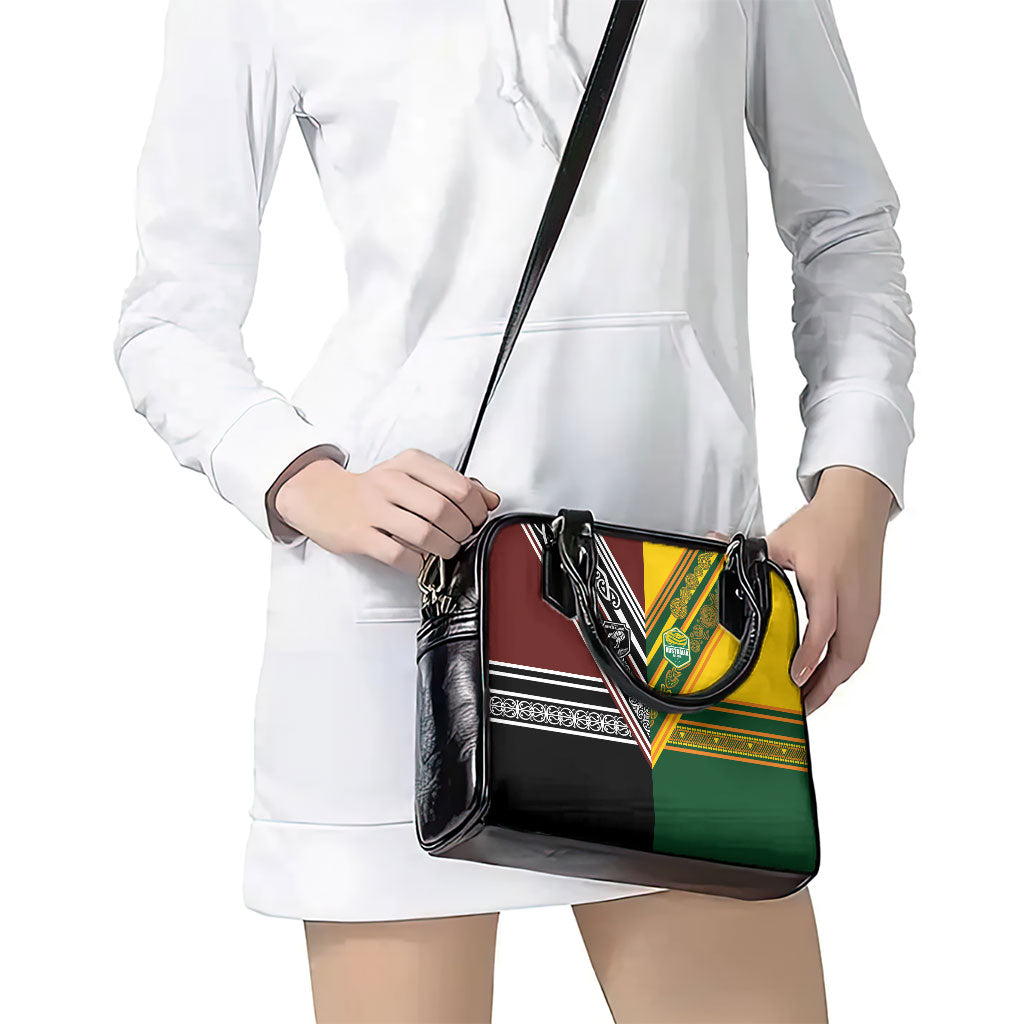 Rugby New Zealand and Australia Shoulder Handbag Burgundy Koru Geometric with Aboriginal Chevron Sport Style