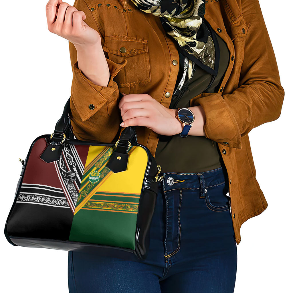 Rugby New Zealand and Australia Shoulder Handbag Burgundy Koru Geometric with Aboriginal Chevron Sport Style