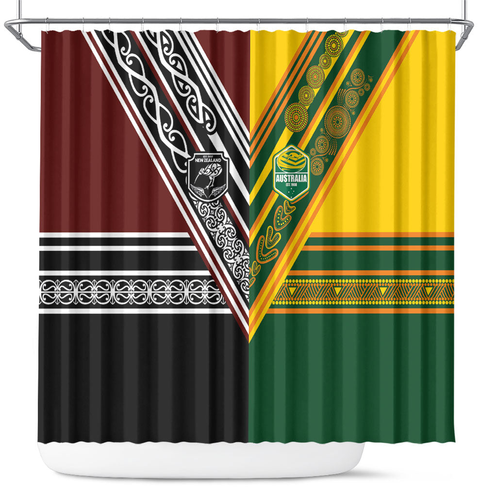 Rugby New Zealand and Australia Shower Curtain Burgundy Koru Geometric with Aboriginal Chevron Sport Style