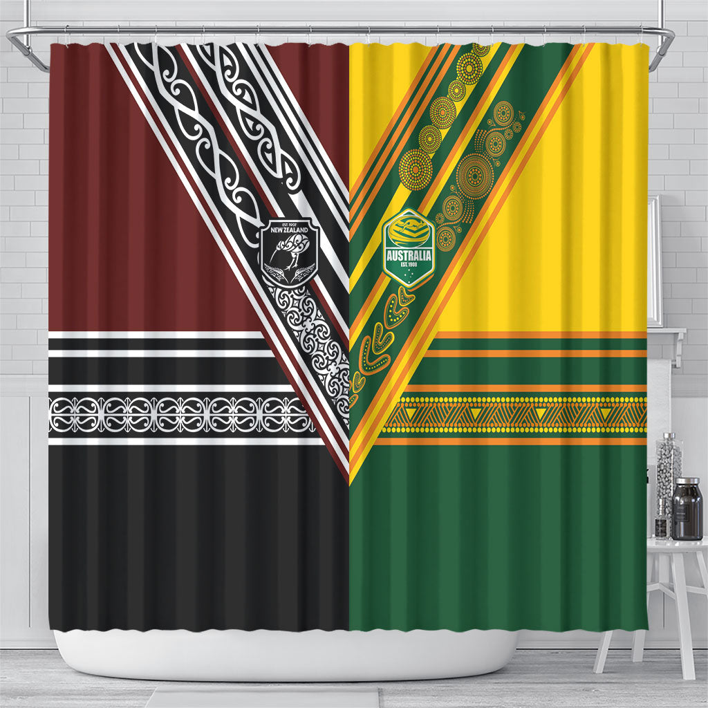 Rugby New Zealand and Australia Shower Curtain Burgundy Koru Geometric with Aboriginal Chevron Sport Style