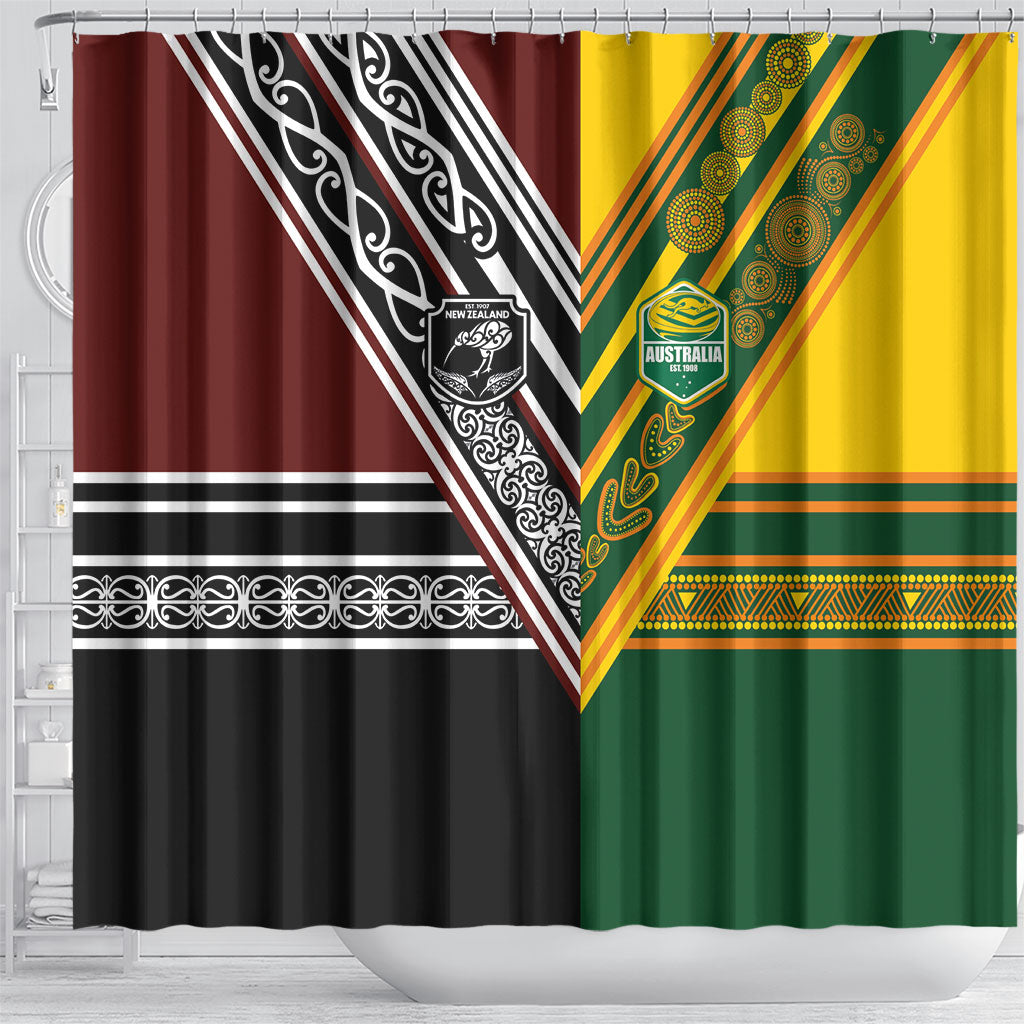 Rugby New Zealand and Australia Shower Curtain Burgundy Koru Geometric with Aboriginal Chevron Sport Style