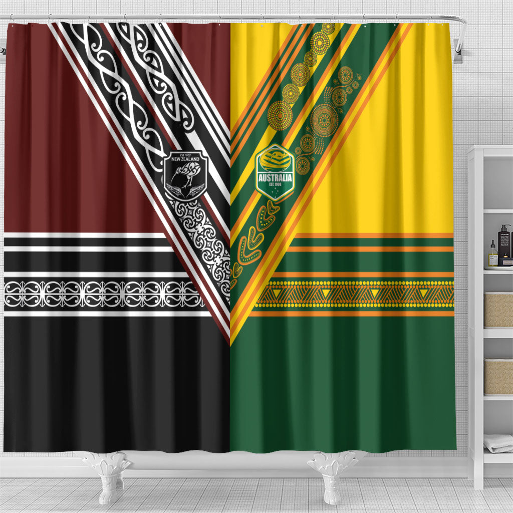 Rugby New Zealand and Australia Shower Curtain Burgundy Koru Geometric with Aboriginal Chevron Sport Style