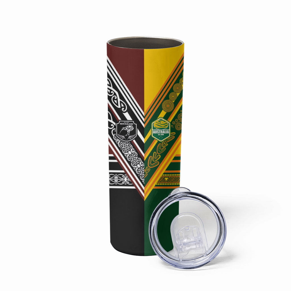 Rugby New Zealand and Australia Skinny Tumbler Burgundy Koru Geometric with Aboriginal Chevron Sport Style