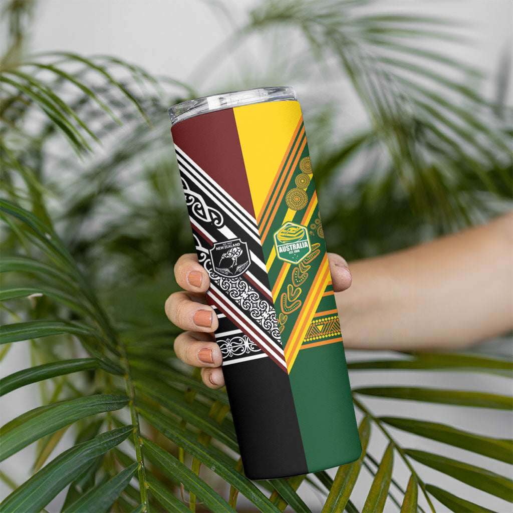 Rugby New Zealand and Australia Skinny Tumbler Burgundy Koru Geometric with Aboriginal Chevron Sport Style