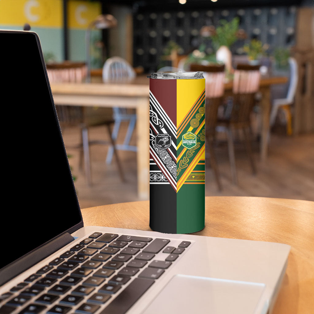 Rugby New Zealand and Australia Skinny Tumbler Burgundy Koru Geometric with Aboriginal Chevron Sport Style