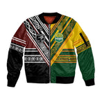 Custom Rugby New Zealand and Australia Sleeve Zip Bomber Jacket Burgundy Koru Geometric with Aboriginal Chevron Sport Style