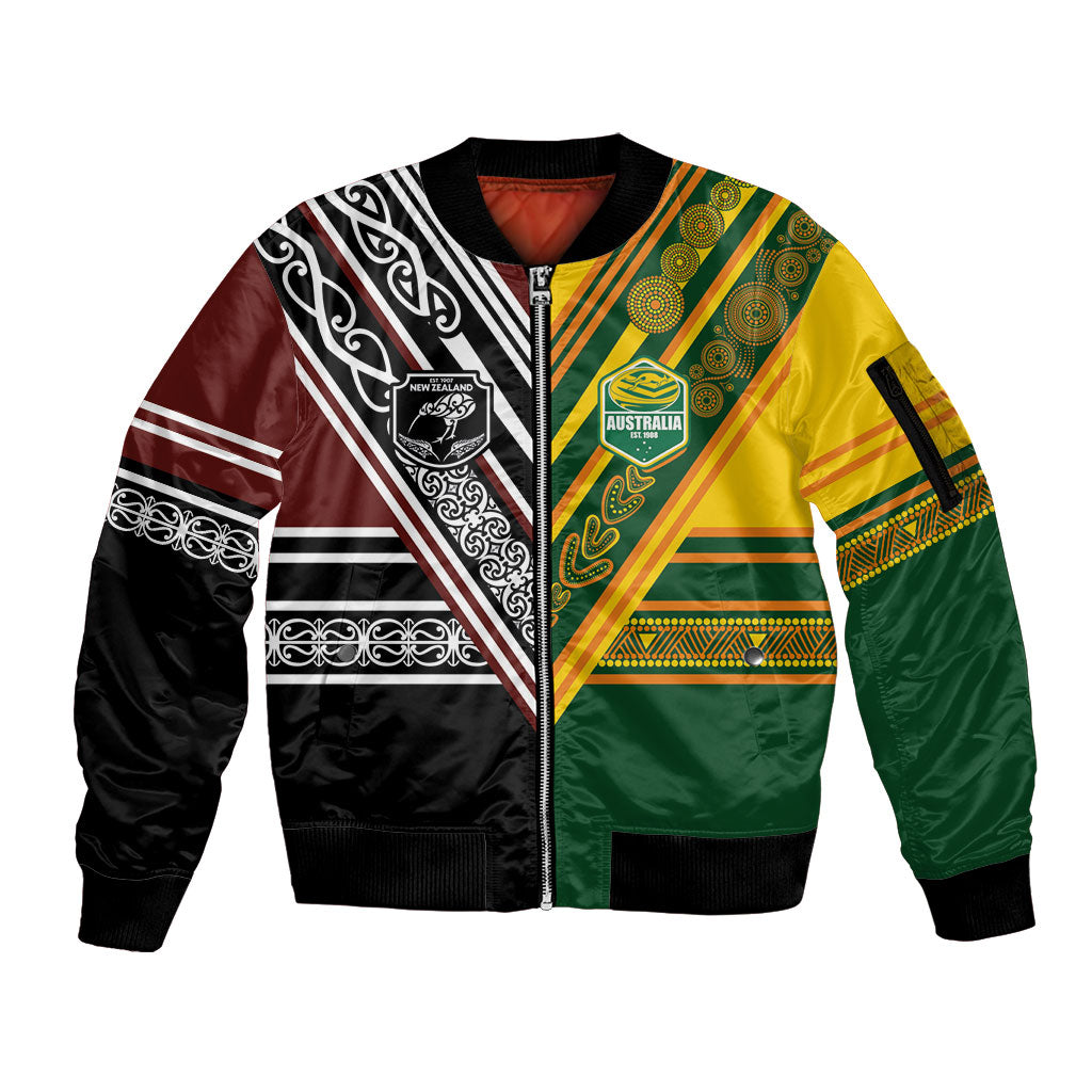 Custom Rugby New Zealand and Australia Sleeve Zip Bomber Jacket Burgundy Koru Geometric with Aboriginal Chevron Sport Style
