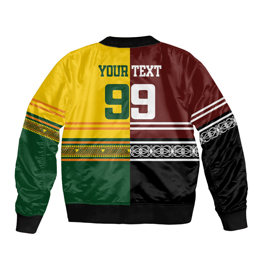 Custom Rugby New Zealand and Australia Sleeve Zip Bomber Jacket Burgundy Koru Geometric with Aboriginal Chevron Sport Style