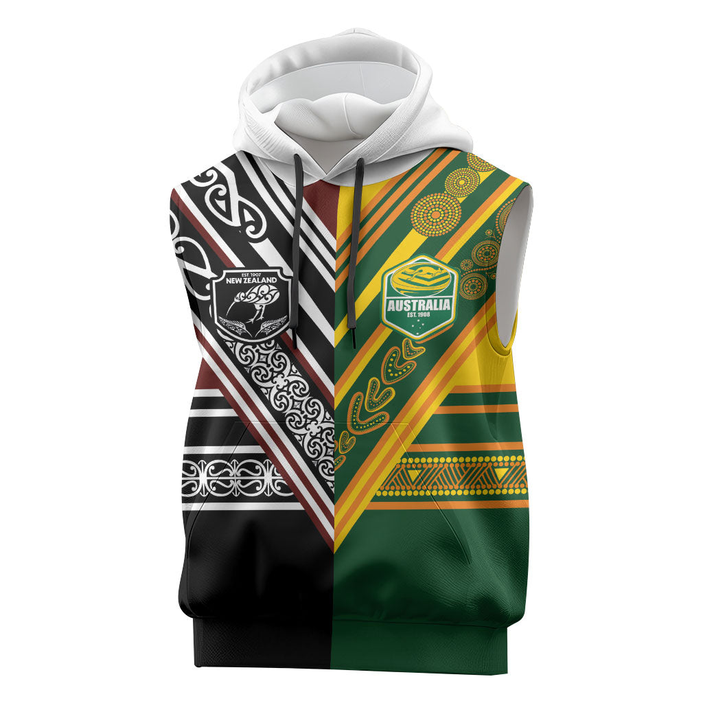 Custom Rugby New Zealand and Australia Sleeveless Hoodie Burgundy Koru Geometric with Aboriginal Chevron Sport Style