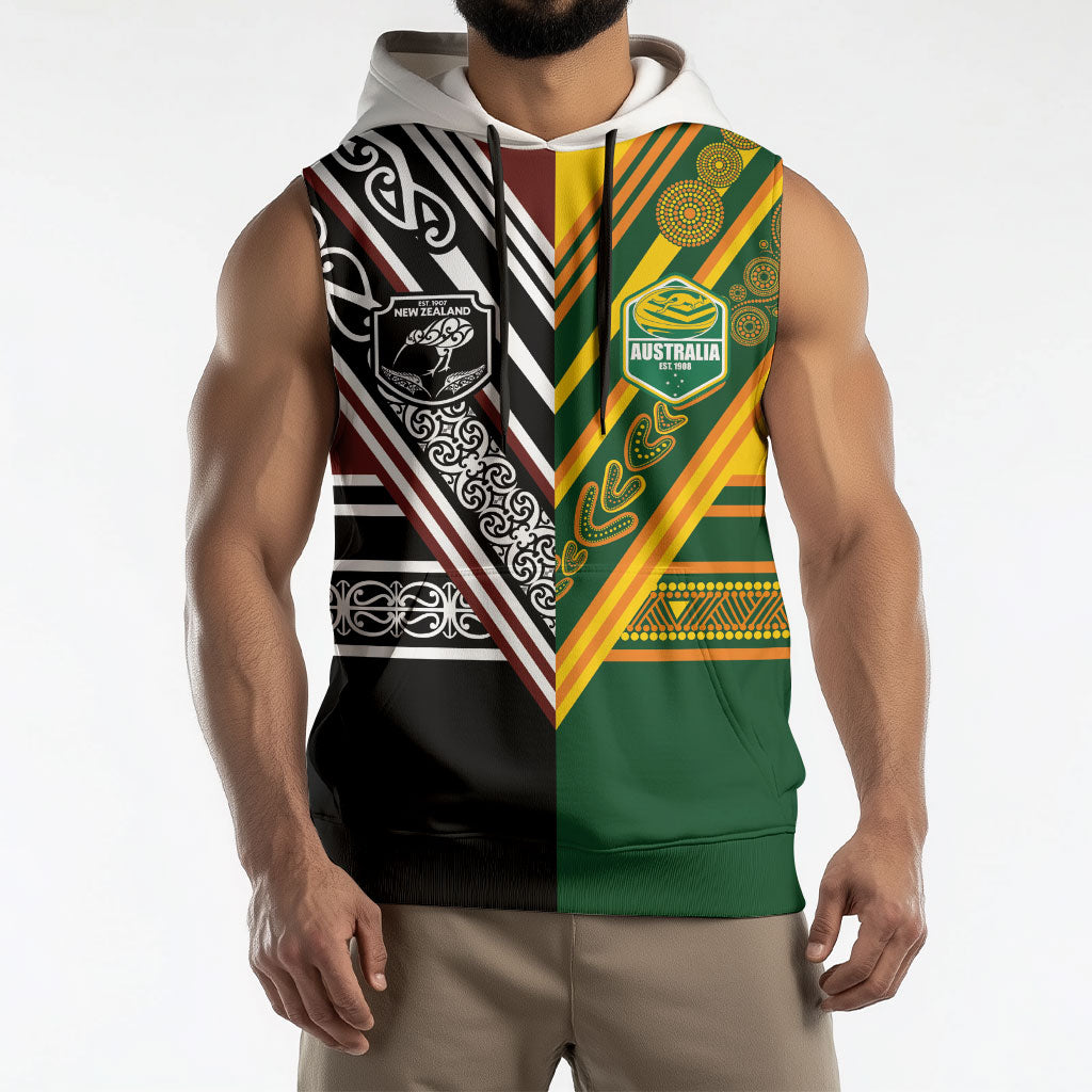 Custom Rugby New Zealand and Australia Sleeveless Hoodie Burgundy Koru Geometric with Aboriginal Chevron Sport Style