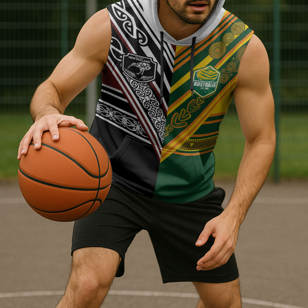 Custom Rugby New Zealand and Australia Sleeveless Hoodie Burgundy Koru Geometric with Aboriginal Chevron Sport Style
