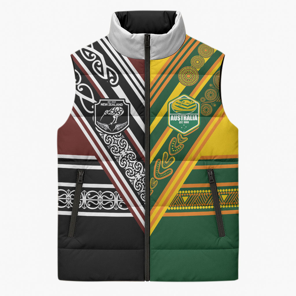 Custom Rugby New Zealand and Australia Sleeveless Puffer Jacket Burgundy Koru Geometric with Aboriginal Chevron Sport Style