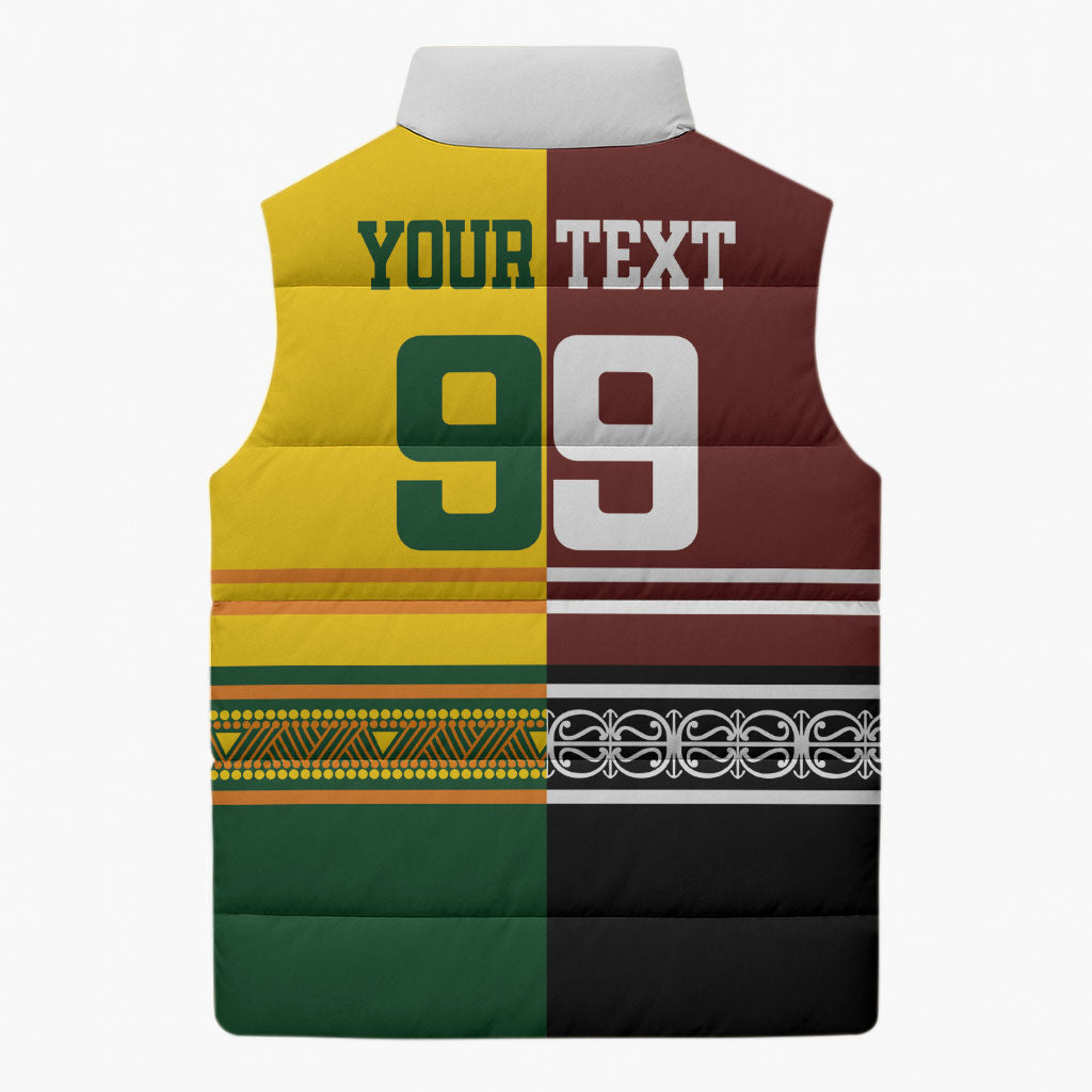 Custom Rugby New Zealand and Australia Sleeveless Puffer Jacket Burgundy Koru Geometric with Aboriginal Chevron Sport Style