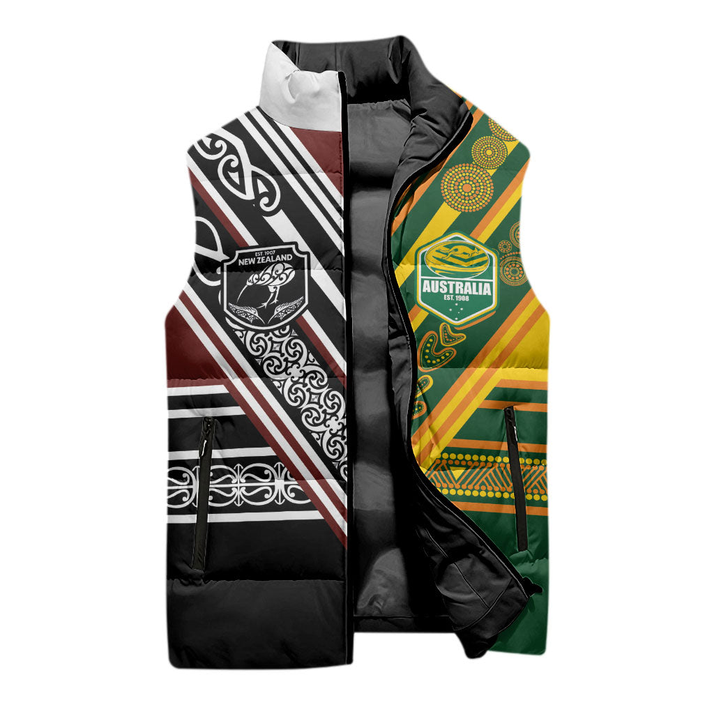Custom Rugby New Zealand and Australia Sleeveless Puffer Jacket Burgundy Koru Geometric with Aboriginal Chevron Sport Style