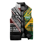 Custom Rugby New Zealand and Australia Sleeveless Puffer Jacket Burgundy Koru Geometric with Aboriginal Chevron Sport Style