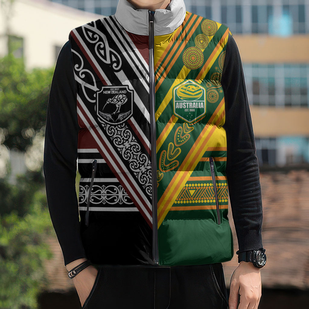 Custom Rugby New Zealand and Australia Sleeveless Puffer Jacket Burgundy Koru Geometric with Aboriginal Chevron Sport Style